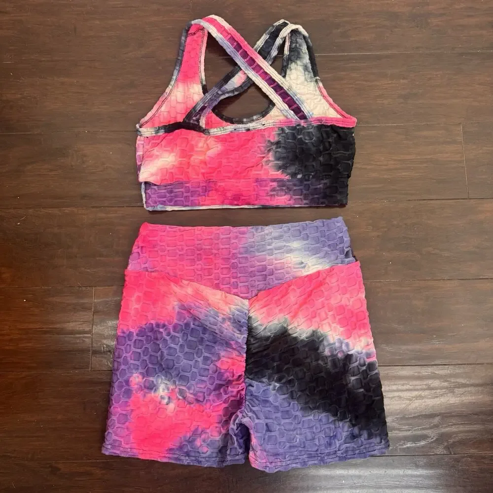 AQ-SPORT 2 Pc Matching Workout Set Sports Bra Biker Shorts Tie Dye Honeycomb M